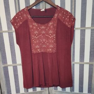 Anthropologie Red Blouse with Lace Detail and Relaxed Fit